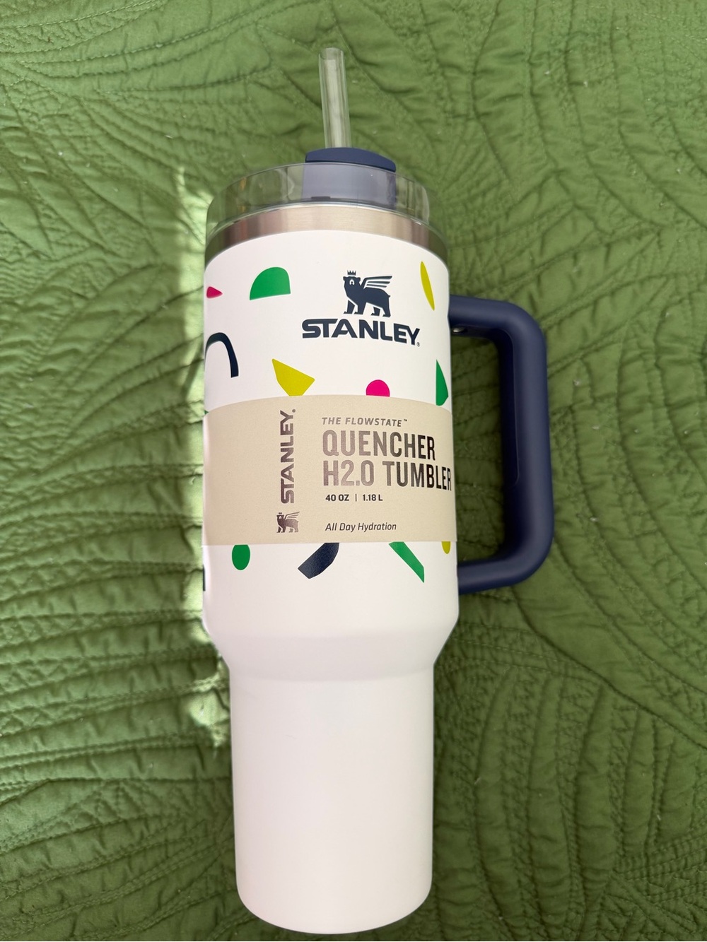 Stanley White Tumbler with Navy Handle and Multicolor Accents